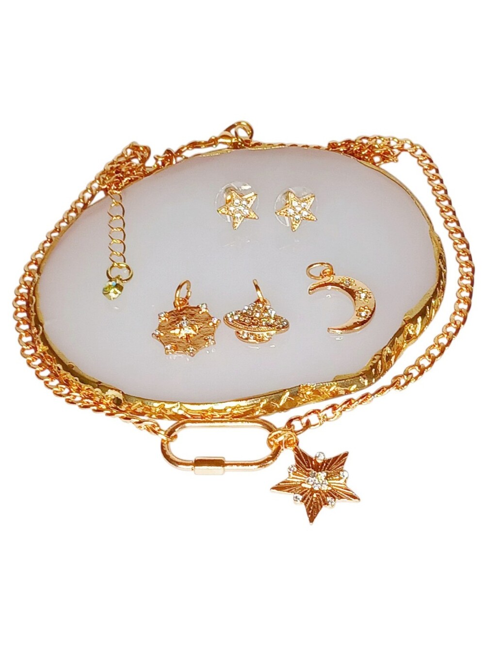 Gold Caribiner Pendant(s) Necklace Star Stud Earrings Mod 60s Celestial Galaxy